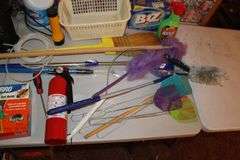 Cosco Step Stool, Broom, Mop Handle, Dunaga Bug Light, First Aid Kit, Fly Swatters, Wet Forget Stain Remover, Ortho Weed Killer, Dusters, and Misc.