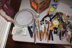 Washburn Crosby Co. Tin, Paint Brushes, LED Light Bulbs, Strainers, Sifter, Knives, Apple Cutter, Spatulas, Duck Double Draft Seal, Utensils, and Misc.