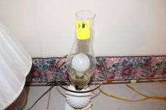 Milk Glass Lamp with Shade and Globe, Pole Lamp, (2) Glass Base Electric Lamps with Shades, Lantern Lamp, and Misc. Lamps