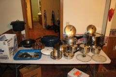 Graniteware Roaster Pan with Lid, Pressure Cooker, Pots, Cake Mold, Graniteware Pot with Lid, Serving Tray, Stainless Cooker Pot, and Frying Pan