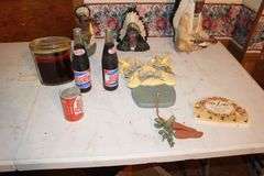 Wooden Bread Basket, Candles, Recipe Box, Spice Box, Pepsi Cola Bottles, Native American Figurines, and Misc.
