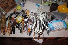 Washburn Crosby Co. Tin, Paint Brushes, LED Light Bulbs, Strainers, Sifter, Knives, Apple Cutter, Spatulas, Duck Double Draft Seal, Utensils, and Misc.