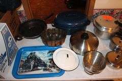 Graniteware Roaster Pan with Lid, Pressure Cooker, Pots, Cake Mold, Graniteware Pot with Lid, Serving Tray, Stainless Cooker Pot, and Frying Pan