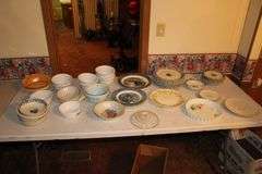 Heart Bowls, Plates, and Saucers, Kaysons Saucers and Plates, Fire King Orange Bowls, Currier & Ives Decorative Plates, and Bowls