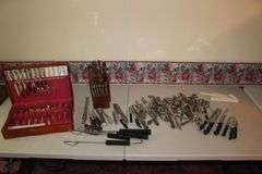 WMA Rogers Silverware and Case, Knives, Forks, Spoons, Knife Holder, and Misc. Utensils