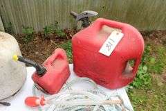 Plastic Tool Box with Tray, Lug Nuts, Nails, Claw Hammer, 6 Gallon Sprayer, Rope, and (2) Plastic Gas Cans, Propane Tank, and Misc.