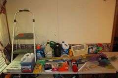 Cosco Step Stool, Broom, Mop Handle, Dunaga Bug Light, First Aid Kit, Fly Swatters, Wet Forget Stain Remover, Ortho Weed Killer, Dusters, and Misc.