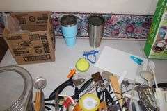 Washburn Crosby Co. Tin, Paint Brushes, LED Light Bulbs, Strainers, Sifter, Knives, Apple Cutter, Spatulas, Duck Double Draft Seal, Utensils, and Misc.