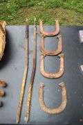 (2) Wicker Baskets, (4) Horseshoes and (2) Pegs, (12) Bowling Pin Decorations, and Misc. Cassette Tapes