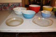 Glass Pyrex Baking Dishes, Pyrex Bowls, Halls Bowls, and Stoneware Bowls
