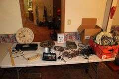 Kruger and Sports Wall Clocks, Sound Design Radio, Back Scratcher, CB Radio, Whistler Scanner, Electrical Wire, and Misc.