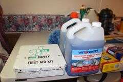 Cosco Step Stool, Broom, Mop Handle, Dunaga Bug Light, First Aid Kit, Fly Swatters, Wet Forget Stain Remover, Ortho Weed Killer, Dusters, and Misc.