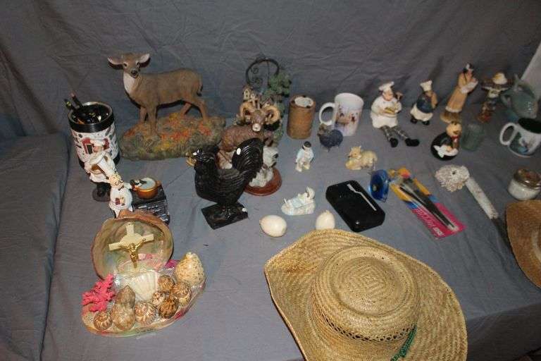 Grape Cookie Jar, Cast Iron Chicken, Deer Statue, Glass Display Frame, Vase, Figurines, and Misc.