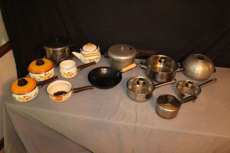 Pots, Pans, Pressure Cooker, Tea Pot, and Skillet image