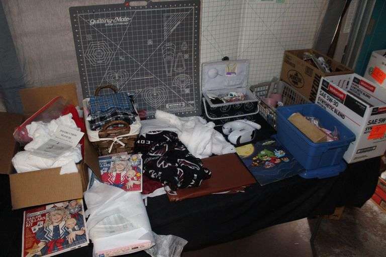 Pattern Cutting Boards, Sewing Pad, Thread, Fabric, Blanket Pieces, White Sew Quick, Crafting Supplies, and Misc.