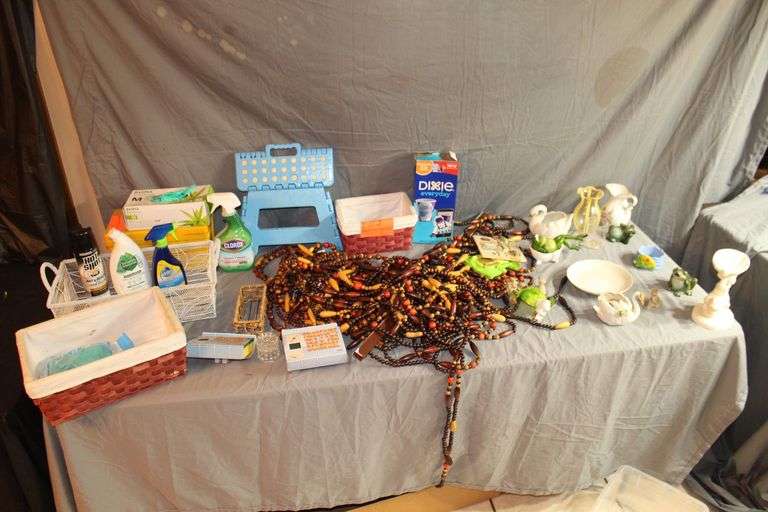 Door Beads, Frog Decorations, Plastic Toolbox, Step Stool, Vases, Pitcher, Lined Wicker Basket, Cleaning Supplies, and Misc.