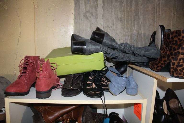Womens Dress Shoes, Boots, and Misc. Women's Shoes, and (4) Wooden Cabinets