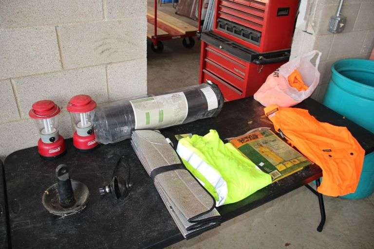 Boat Anchor and Baffle, Coleman Lanterns, Self Inflating Air Pads, Rain Coats, Sun Visor, and Hunting Vest image