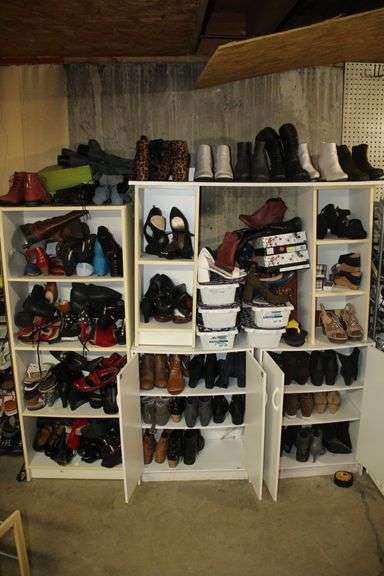 Womens Dress Shoes, Boots, and Misc. Women's Shoes, and (4) Wooden Cabinets