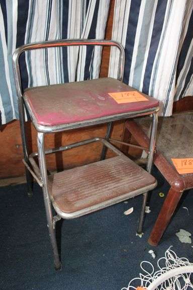 (4) TV Dinner Trays and Stand, Glass Top End Table, Step Stool, Metal Bottom Cushioned Stool, and Hanging Basket