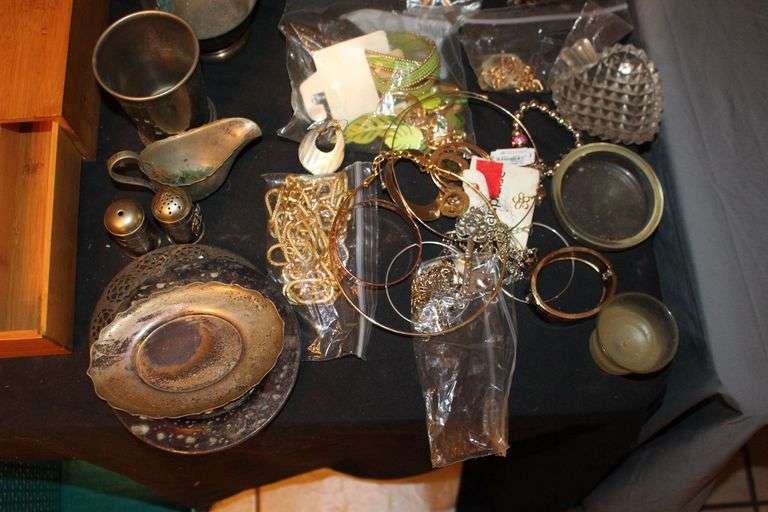 Lasonic Digital to Analog Converter, Marbles, Wooden Utensil Organizer, Decanters, Cleaning Supplies, Coasters, Bracelets, Necklaces, Silver Plate Cups and Pitcher, Silver Plate Canisters, Smart Shelf, and Misc.