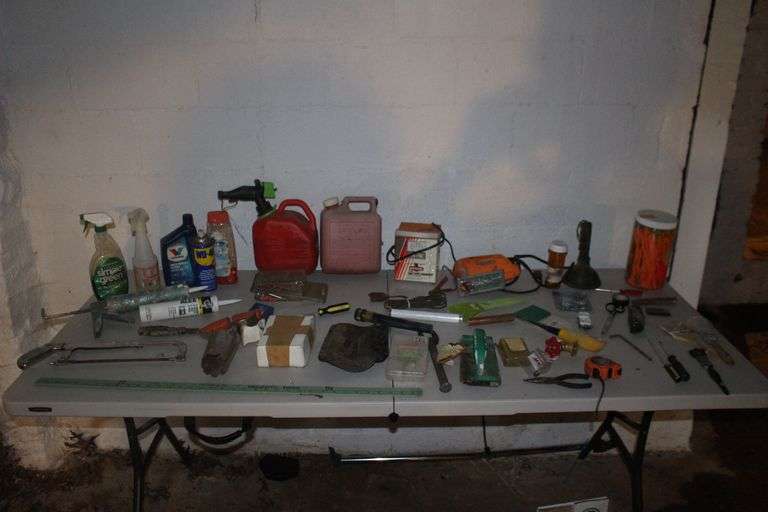 (2) Gas Cans, Yard Stick, Pliers, Screwdrivers, Hand Saw, Chicago Electric Jigsaw, Caulk Gun, and Misc. image