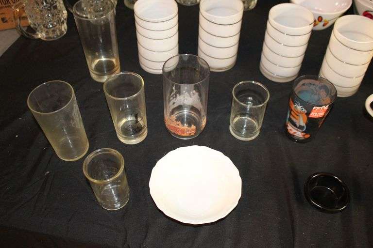 Tabletop Gallery Bowls, Zak Bowls, (2) Fire King Bowls, Glass Mugs, Condiment Bowls, Glasses, and Misc.