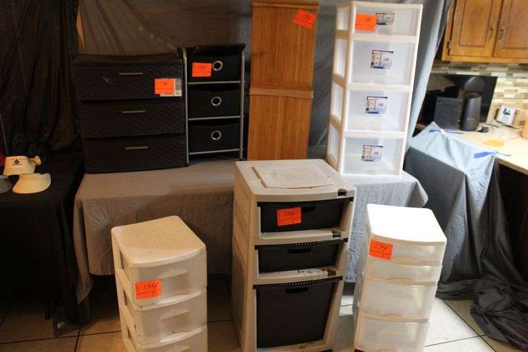 4 Piece Sterilite Plastic Containers, 3 Drawer Plastic Container, 3 Drawer Sun-cast Plastic Container, (2) Waste Baskets, 4 Drawer Plastic Container on Wheels, 3 Drawer Sterilite Storage Chest, and 3 Section Cubby Rack