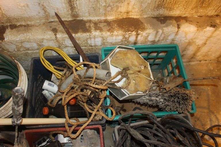 Wooden Baseball Bat, Curtain Rods, Crowbar, Electric Wire, Black and Decker Drill, and Misc.