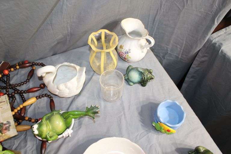 Door Beads, Frog Decorations, Plastic Toolbox, Step Stool, Vases, Pitcher, Lined Wicker Basket, Cleaning Supplies, and Misc.