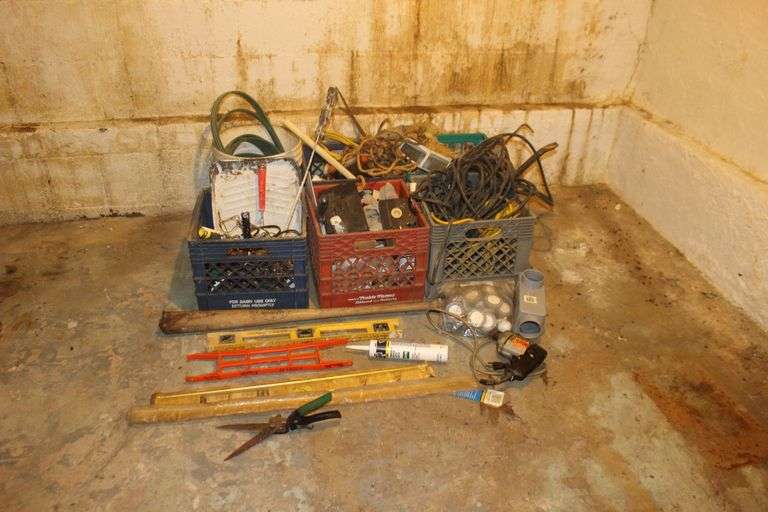 Wooden Baseball Bat, Curtain Rods, Crowbar, Electric Wire, Black and Decker Drill, and Misc. image