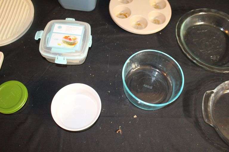 Pyrex Glass Dishes with Lids, (2) Anchor Hocking Glass Baking Dishes, Muffin Tray, Igloo Container, and Misc.