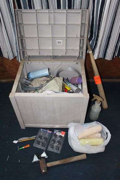 Suncast Deck Box, Baseball Bat, Septic Snake, Wire, Hammer, Wire Brush, and Misc.
