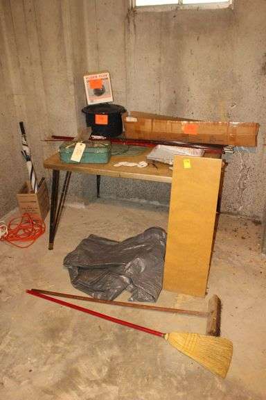 Vintage Table with Leaf, Chimney Brush and Pole, Cane Pole, Tarp, Umbrella, Exercise Piece, and Misc. image