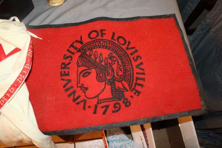University of Louisville Doormat, Golfing Bag Figurines, Child Statues, Glass Candy Dishes, Size Small Sweatshirt, Figurines, and Misc.