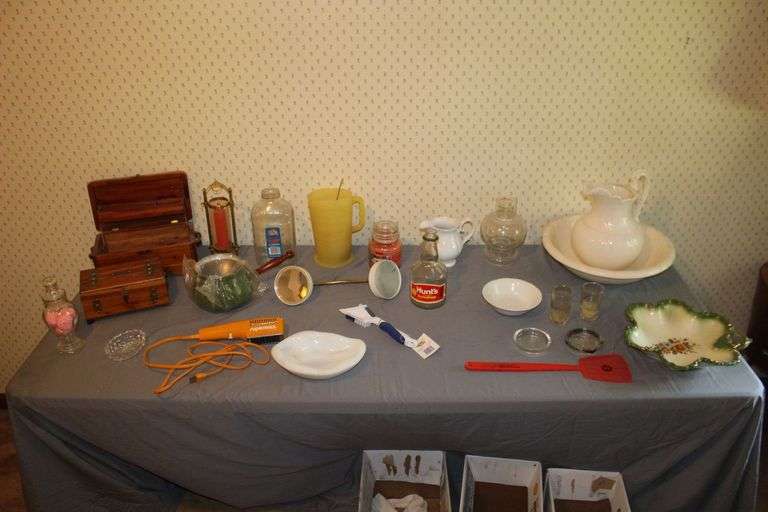 Pitcher and Bowl, (2) Jewelry Boxes, Glass Hunts Ketchup Bottle, Lamp Globe, Fondue Pot, Serving Dishes, and Misc. image