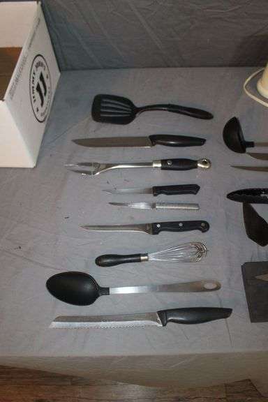 Magic Chef Food Chopper, Knives, Scissors, Juicer, Spatulas, Nutcracker, Bottle Opener, and Misc.