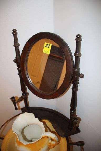 Wash Stand with Mirror, Wash Basin, and Pitcher
