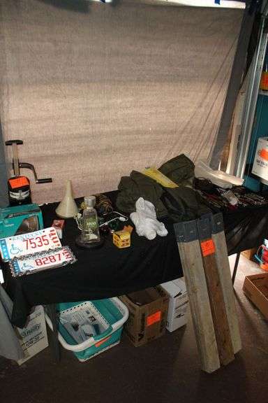 (3) Pairs ID Sawhorse Legs, Thorsen Allied Tool Kit, Pliers, Screwdrivers, License Plates, Halogen Headlight, Le Presse Food Slicer, Jacket, and Misc.