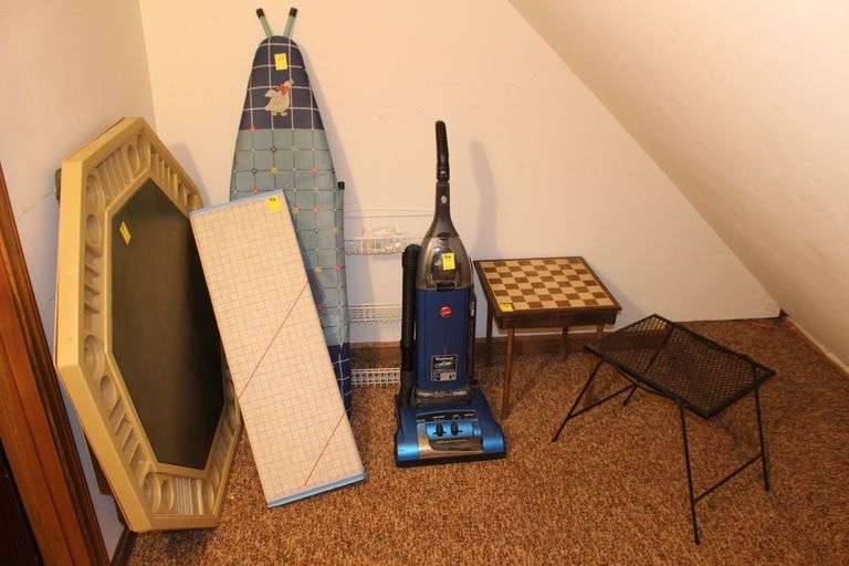 Wrought Iron End Table Folding Poker Table, Hoover Vacuum, Checker Table, Quilting Board, 3 Section Metal Rack, and Ironing Board image