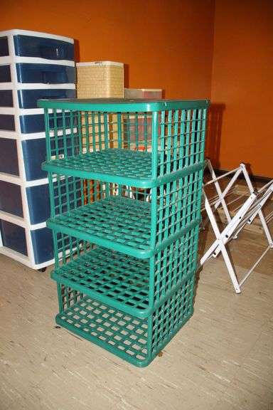 Wicker Coffee Table, Folding Shoe Rack, 4 Drawer Plastic Container, 2 Tier Rack, 4 Tier Rack, and 7 Drawer Cart on Wheels