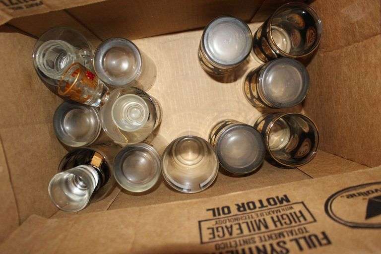 Ice Bucket, Punch Cups, Glass Boot, Drink Dispenser with Cups, 1985-86 Louisville Basketball Glass, Shot Glasses, and Misc. Glassware