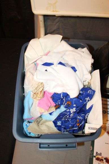 (2) Plastic Covered Trays, Plastic Bins, Plastic Tote, White Plastic End Table, Super Sliders, 3 Drawer Cubby, Fabric, and Misc.