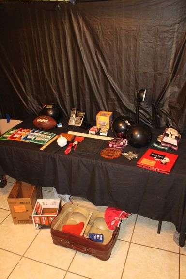 Po-Ke-No Game, How to Play Books, Family Feud Game, Bowling Balls, Suitcase, Playing Cards, Football, Desk Lamp, and Misc.