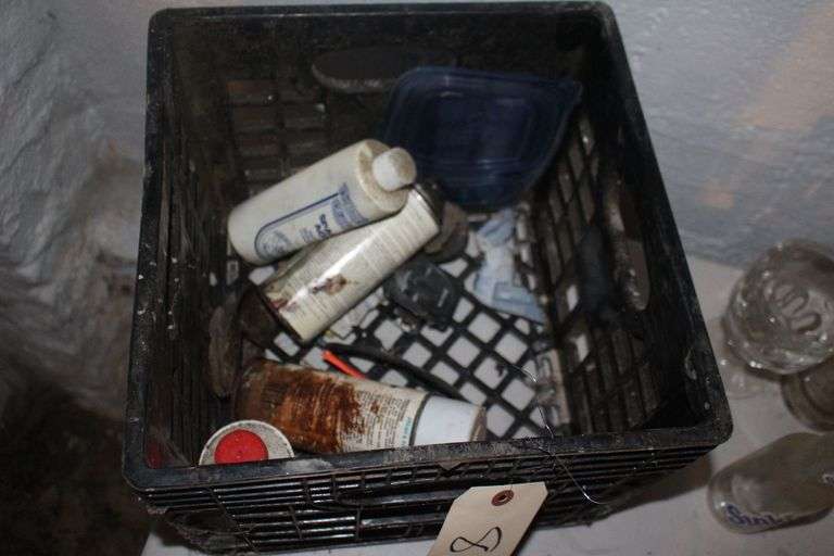 Glass Soda Bottles, 1993 Derby Glass, Coffee Mugs, Power Strip, Milk Crate, and Misc.