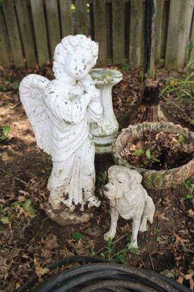 Concrete Angel Statue, (2) Concrete Bird Bath Bases, Plastic Dog, Concrete Bowl, and Water Hose