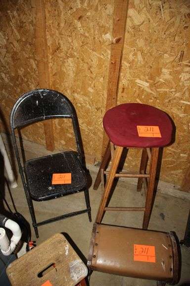 Barstool, (2) Stool Frames, Step Stool, Folding Chair, and Wooden Seat on Wheels