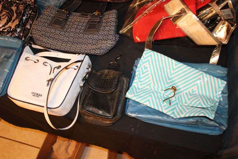 Lawn Food and Drink Table, Coach Purse, Guess Purse, Handbags, Toiletry Bags, Towels, and Misc.