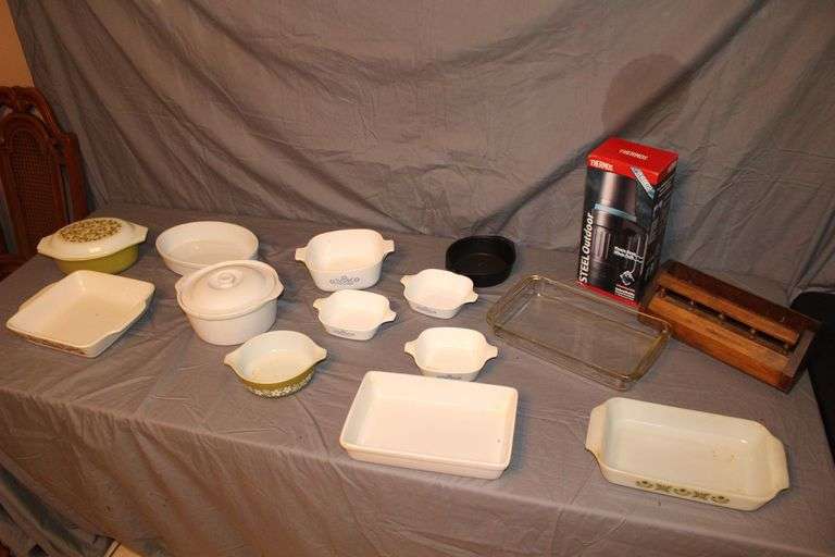 Corningware 12 oz. Baking Dishes, Pyrex Baking Dish with Lid, Glass Pyrex Baking Dish, Fire King Baking Dish, Thermos, and Misc.