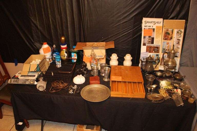 Lasonic Digital to Analog Converter, Marbles, Wooden Utensil Organizer, Decanters, Cleaning Supplies, Coasters, Bracelets, Necklaces, Silver Plate Cups and Pitcher, Silver Plate Canisters, Smart Shelf, and Misc. image